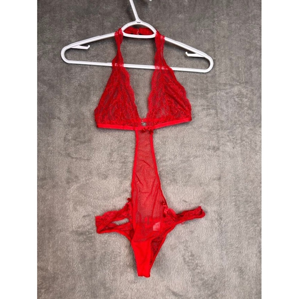 Victoria's Secret Red Lace Halter Teddy Bodysuit Sheer Mesh Bows Small S/P‎